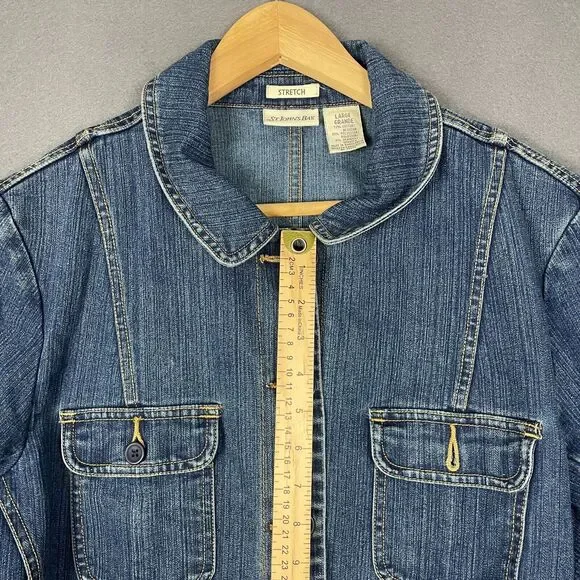 St. John's Bay Jacket Women's Large Blue Denim Stretch Long Sleeve Button Front - Picture 13 of 15